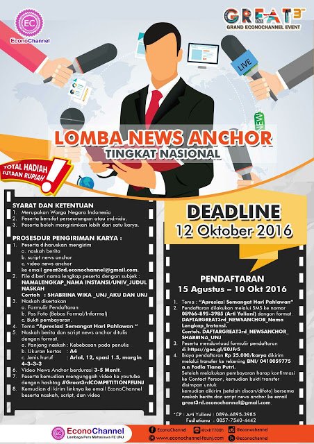 PERSYARATAN DAN KETENTUAN SERTA PENILAIAN : LOMBA  NEWS ANCHOR GREAT 3rd  2016